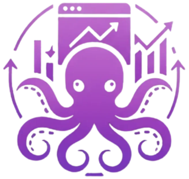 Ícone roxo do polvo usado por Marco Galvão para representar o desenvolvimento de sites e dashboards com múltiplas estratégias e automação inteligente.